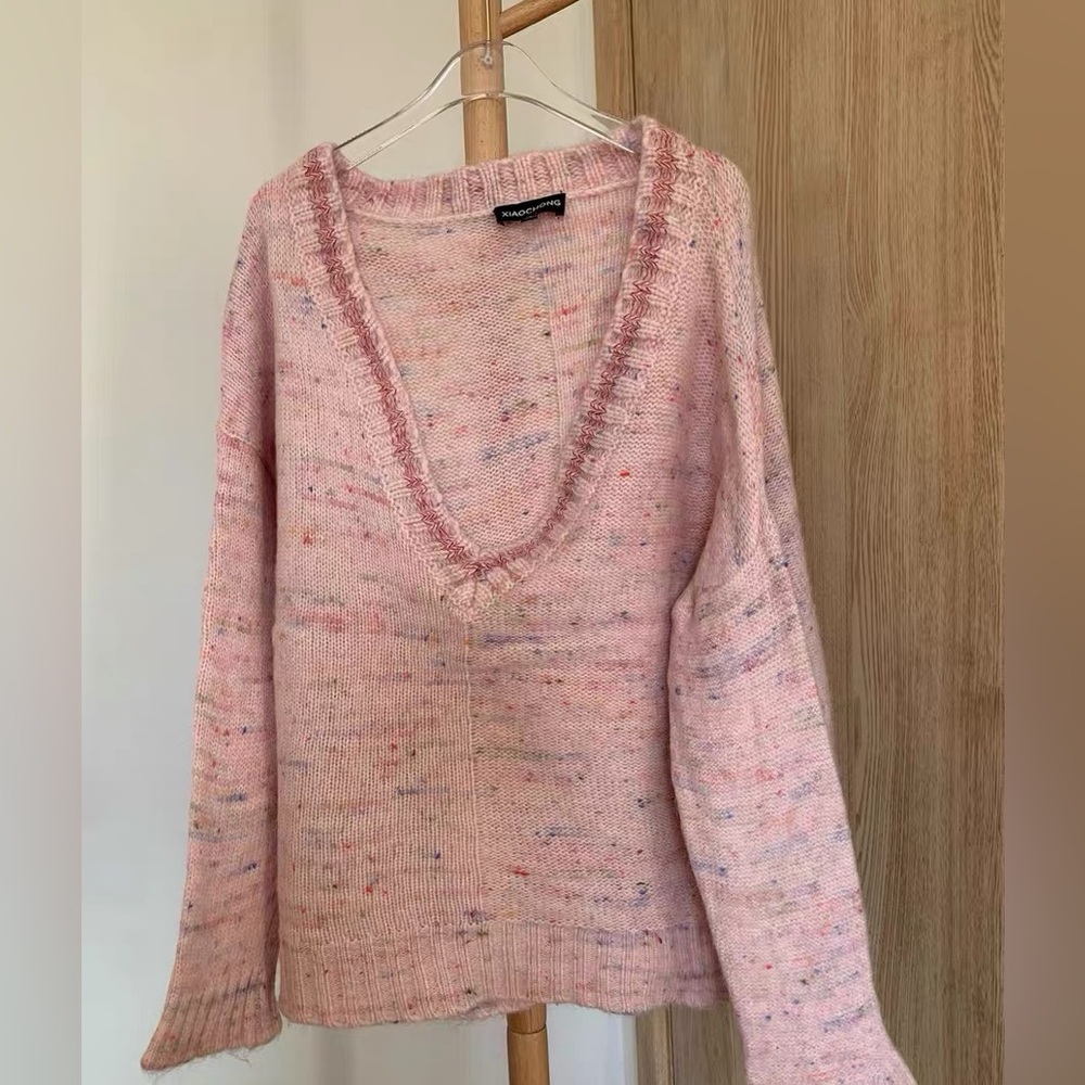 Pink Speckled V-Neck Sweater